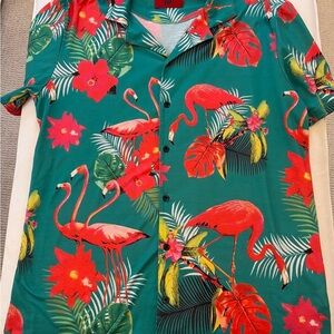 Tropical Pink Flamingo Print on Green Background Soft Men's Shirt